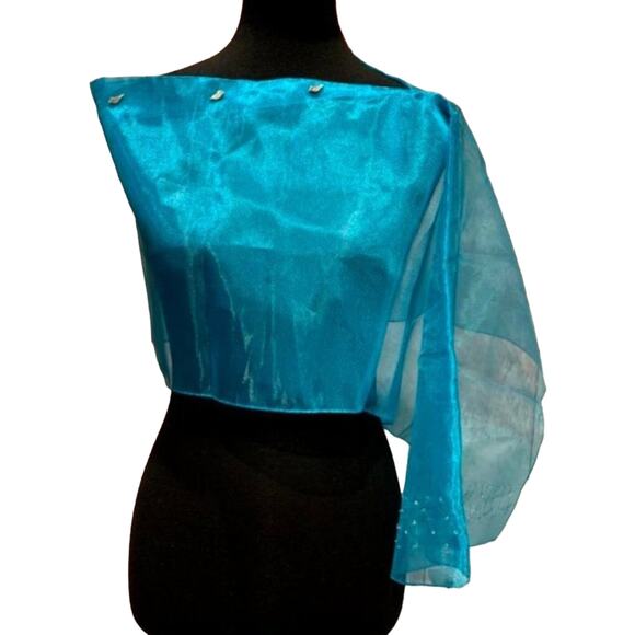 Handmade Accessories - Handmade Upcycled Shiny Beaded Aqua Blue Lightweight Formal Sheer Poncho